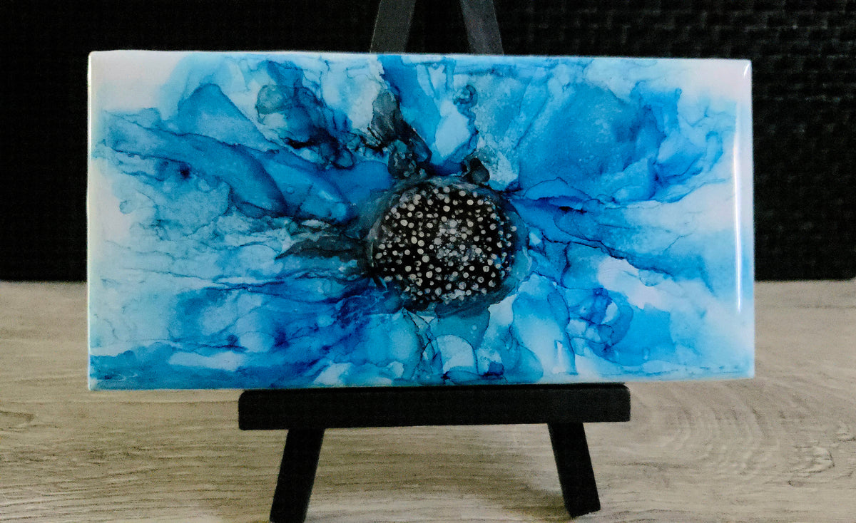 Alcohol Ink Porcelain Resin Tile - Blue Flower