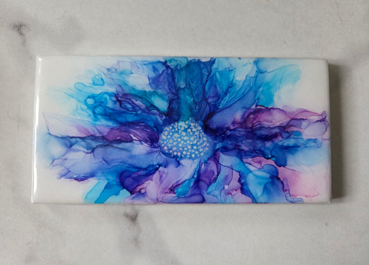 Alcohol Ink Porcelain Resin Tile - Blue and Purple Flower