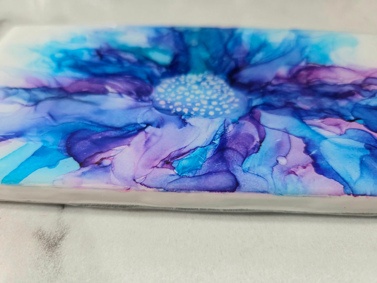 Alcohol Ink Porcelain Resin Tile - Blue and Purple Flower