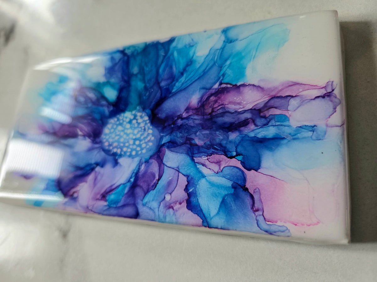 Alcohol Ink Porcelain Resin Tile - Blue and Purple Flower
