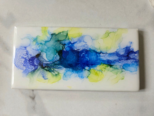 Alcohol Ink Porcelain Resin Tile - Blue, green, yellow Flower