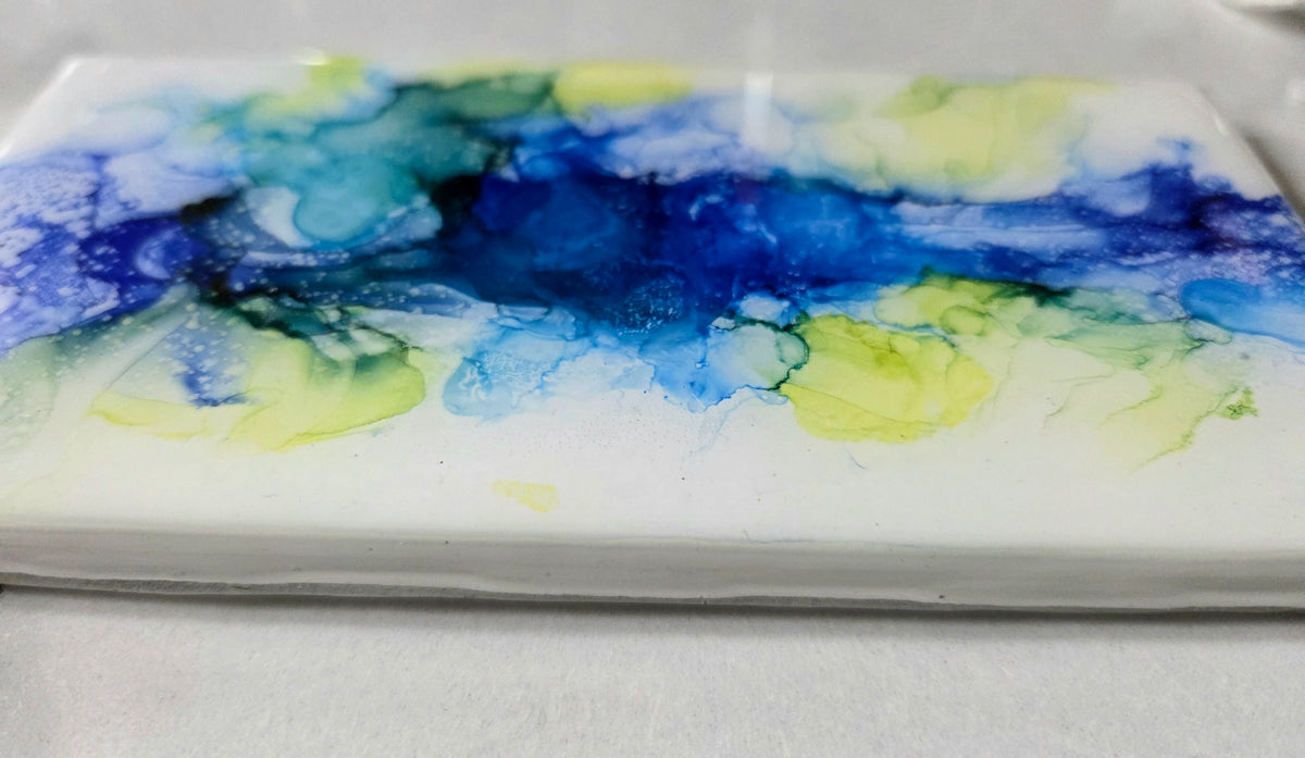 Alcohol Ink Porcelain Resin Tile - Blue, green, yellow Flower