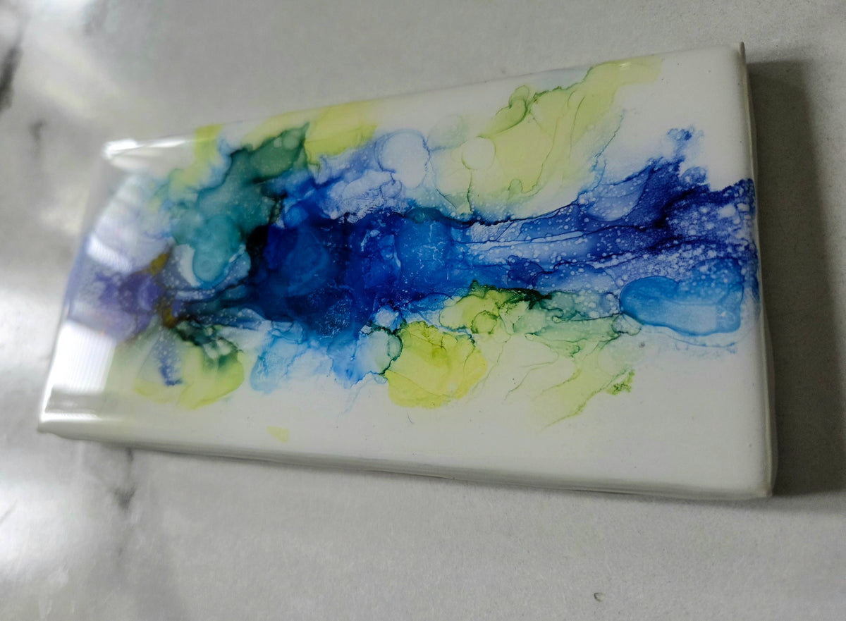Alcohol Ink Porcelain Resin Tile - Blue, green, yellow Flower