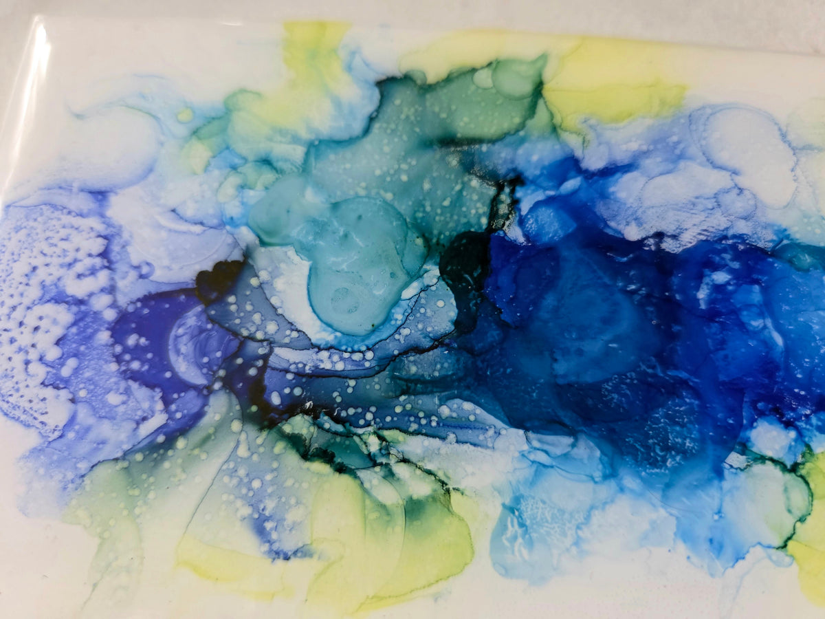 Alcohol Ink Porcelain Resin Tile - Blue, green, yellow Flower