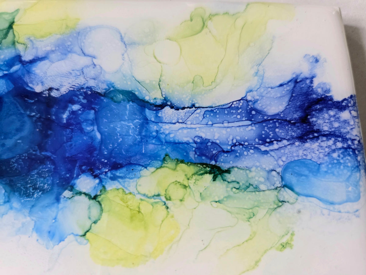 Alcohol Ink Porcelain Resin Tile - Blue, green, yellow Flower