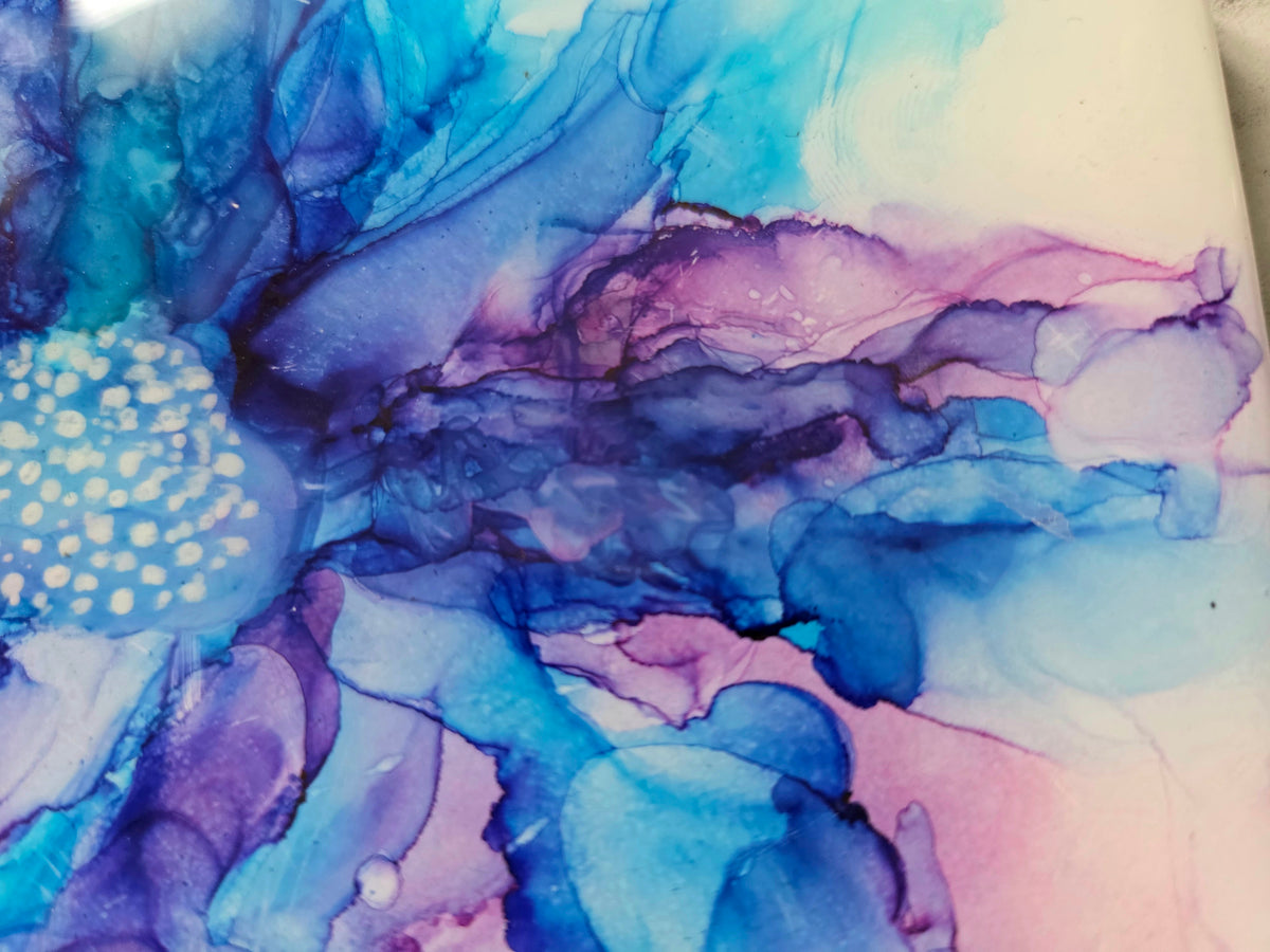 Alcohol Ink Porcelain Resin Tile - Blue and Purple Flower