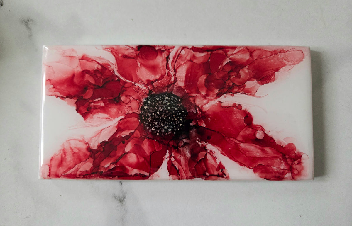 Alcohol Ink Porcelain Resin Tile - Red Flower
