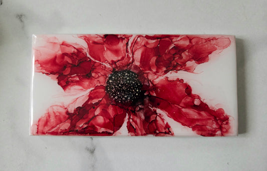Alcohol Ink Porcelain Resin Tile - Red Flower