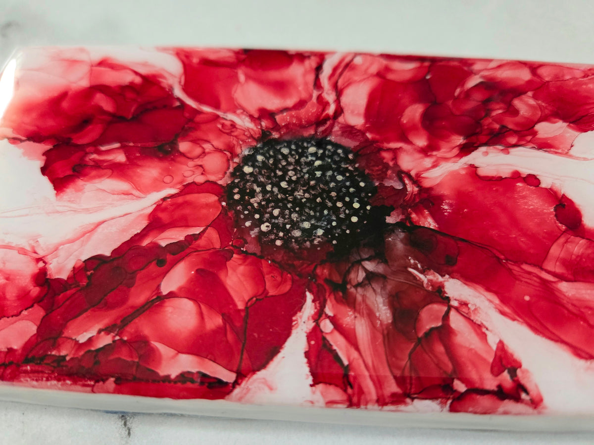 Alcohol Ink Porcelain Resin Tile - Red Flower