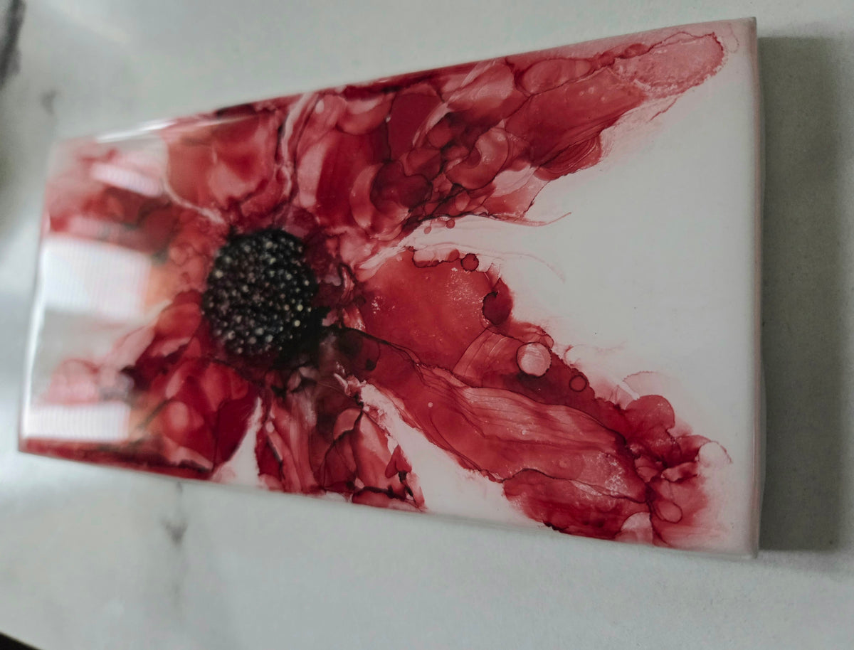 Alcohol Ink Porcelain Resin Tile - Red Flower