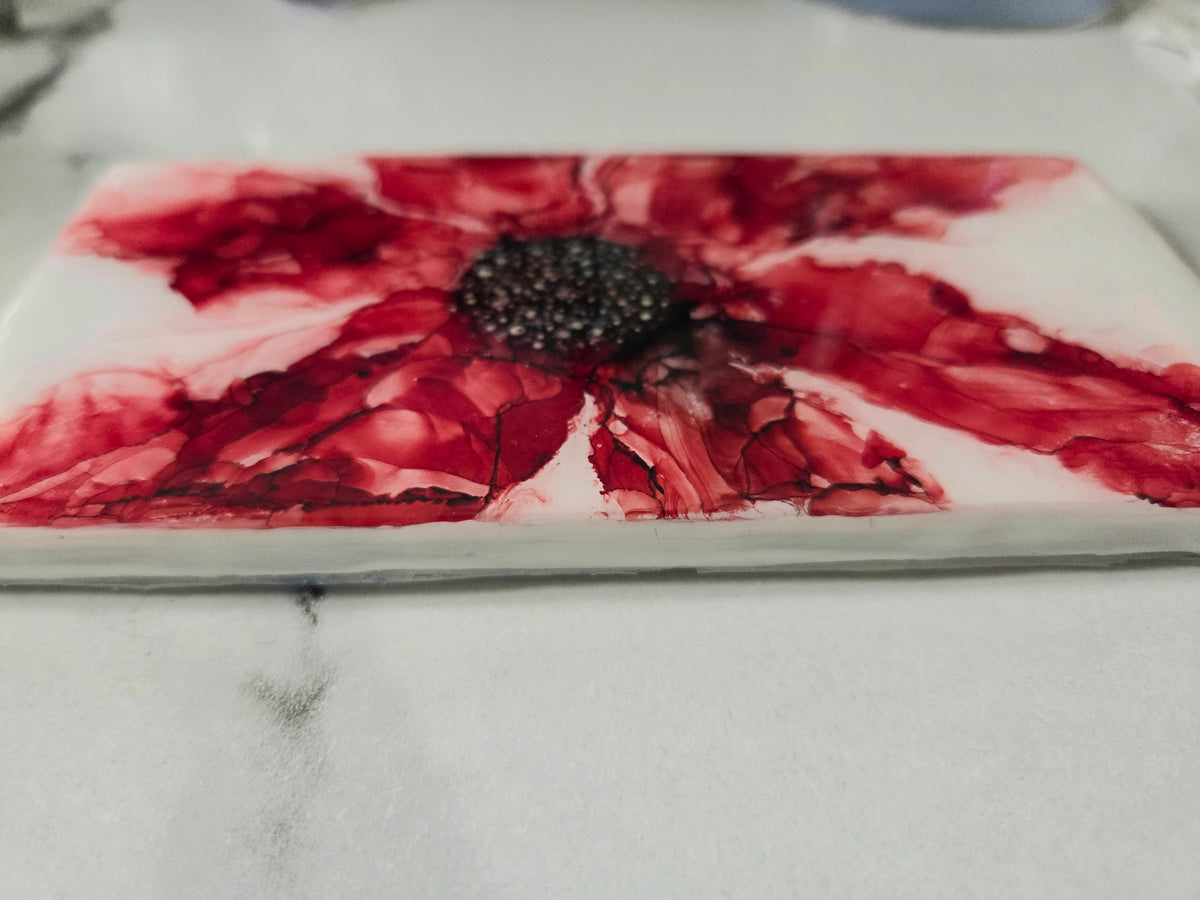 Alcohol Ink Porcelain Resin Tile - Red Flower